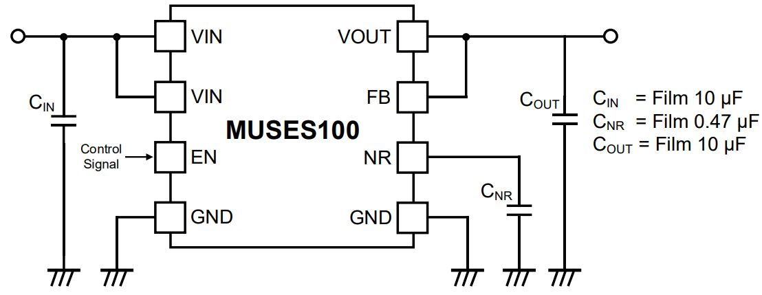 アプリケーション回路図 - Nisshinbo MUSES100低ノイズLDOレギュレータ